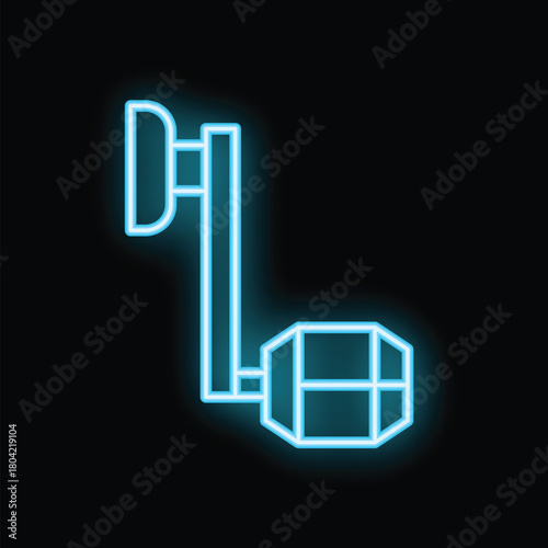 Blue neon icon of a space station module is glowing on a black background