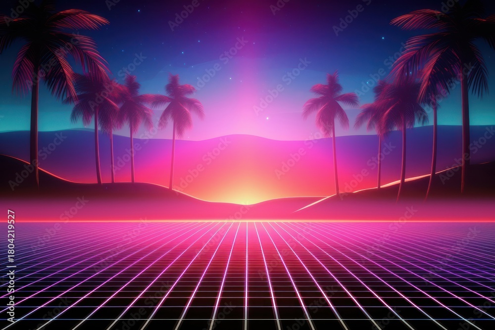 Fototapeta premium Retrowave oasis purple light night.
