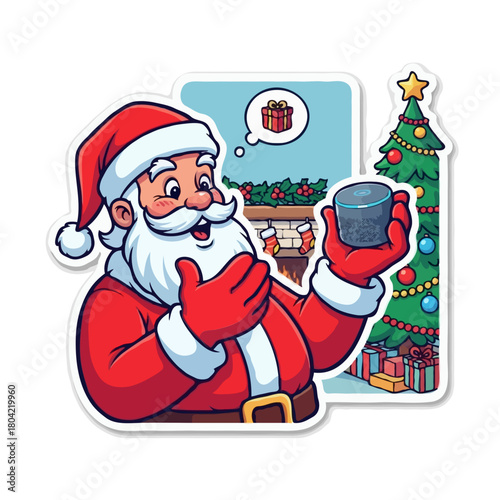 Santa Claus Thinking of Gifts with Christmas Tree Sticker - Holiday Cartoon Illustration, Festive Character, Christmas Presents, Celebratory Clip Art