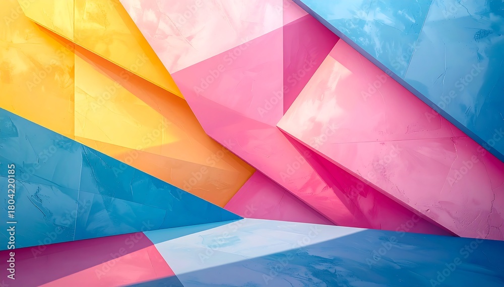 Fototapeta premium A vibrant abstract composition of angled planes in bold blues, pinks, and yellows, creating a dynamic geometric space