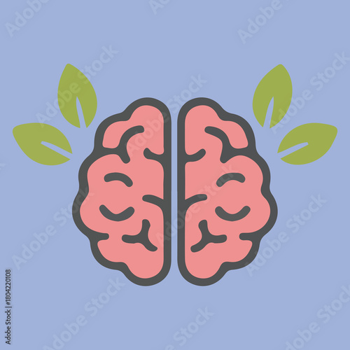 A stylized illustration of a human brain split into two hemispheres, surrounded by green leaves, set against a light purple background.