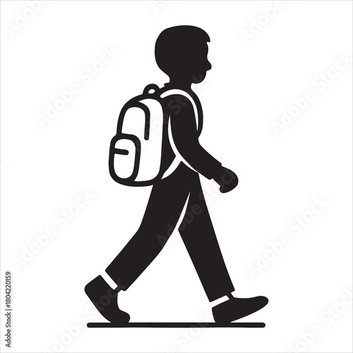 Minimalist silhouette of a young student walking with a school backpack, symbolizing education, learning, travel, or a daily commute route.