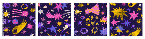Set paper cut starburst shapes in seamless pattern with abstract texture.