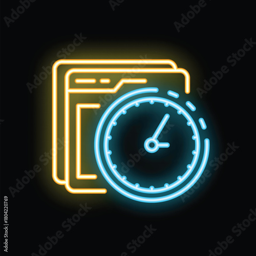 Bright neon clock is ticking over a computer window in this colorful illustration