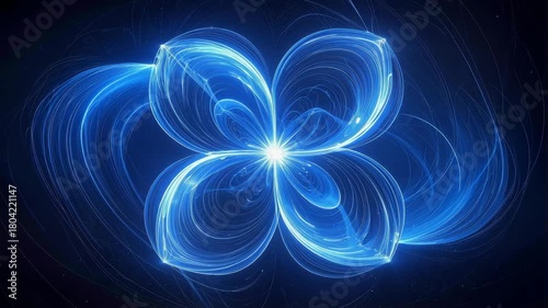 Stylized flower made of blue glowing, swirling lines creates bright floral pattern on dark backdrop.
