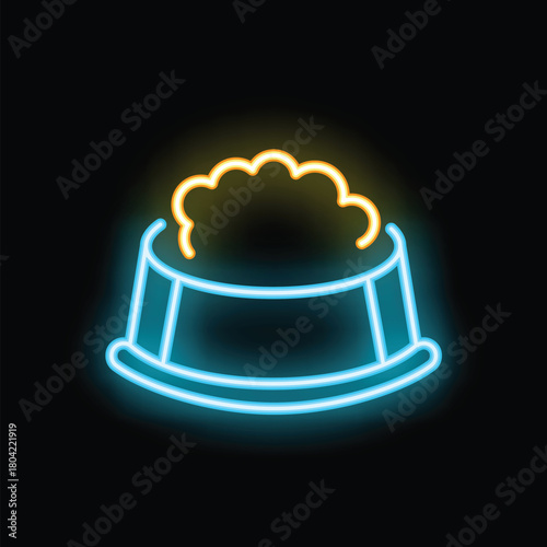 Neon icon representing a dog bowl full of food, glowing on a black background