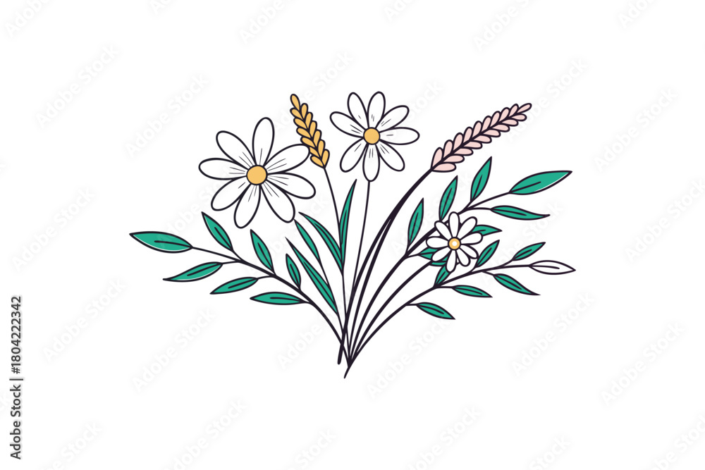 Obraz premium Delicate Hand-Drawn Floral Arrangement with Daisies, Wheat, and Green Leaves
