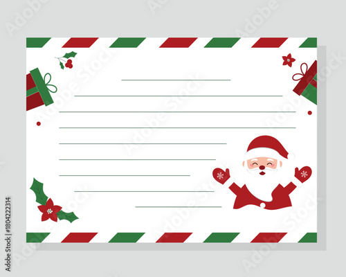 Christmas card with Santa Claus and empty lines for writing. Template for letter, congratulation, invitation, wishlist. Vector illustration. Layout in A4 size.