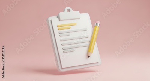 Minimalist Clipboard with Pencil Floating Against Pale Pink Backdrop for Notes