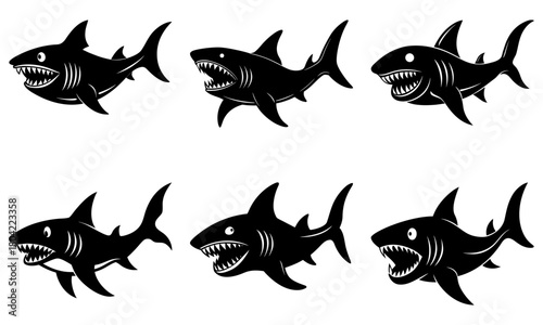 Collection of six black silhouette sharks with open mouths and sharp teeth in various positions and angles