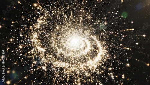 Golden particles forming a spiral galaxy in a dark universe.