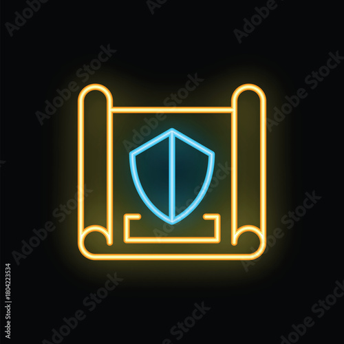 Neon sign representing a shield protecting a legal document, a concept for insurance or legal protection