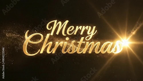 Merry Christmas golden text with sparkling particles on a black background, festive holiday animation.