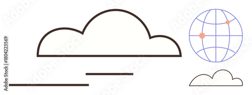Large cloud outline with smaller cloud, stylized globe with connection points and lines. Ideal for technology, cloud storage, global network, communication, data transfer, connectivity, simple flat