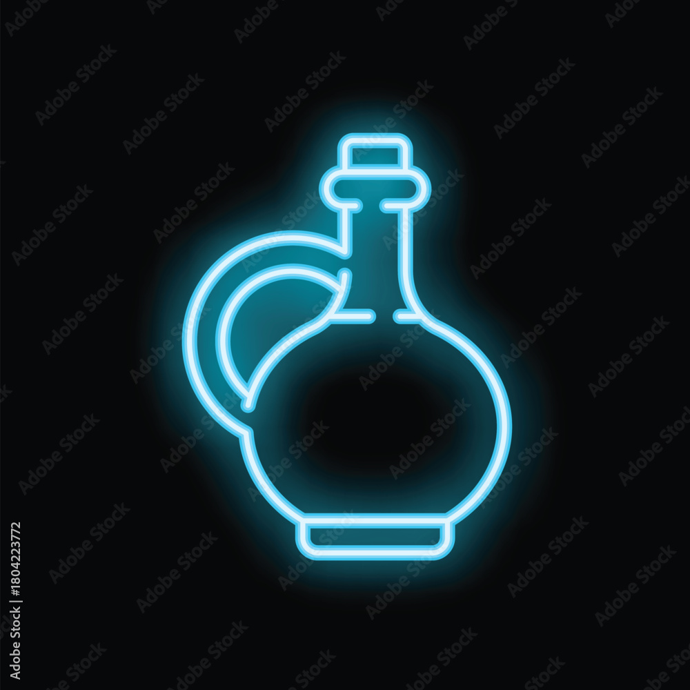 Fototapeta premium Blue neon sign of a traditional bottle shining brightly on a black background