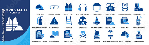 Work Safety icon collection set. Containing design Hard hat, Safety glass, Safety Vest, Ear Protection, Face Shield
