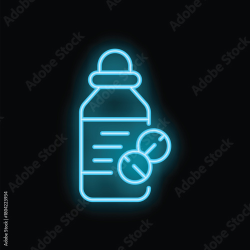 Neon sign glowing blue depicting a bottle of pills on a black background