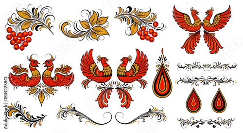 Intricate Russian Khokhloma Painting Vector Elements Stylized Berries and Gold Scrollwork