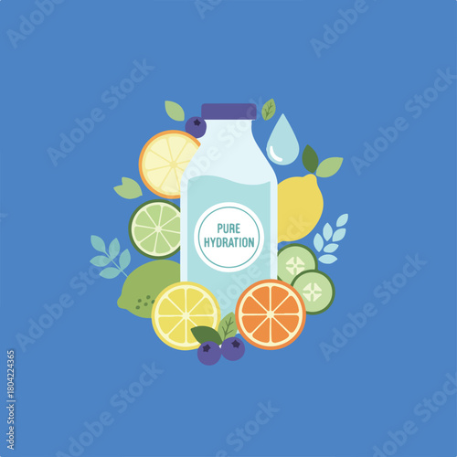 The image shows a bottle of water with the words "Pure Hydration" written on it, surrounded by fruit slices and leaves on a blue background.