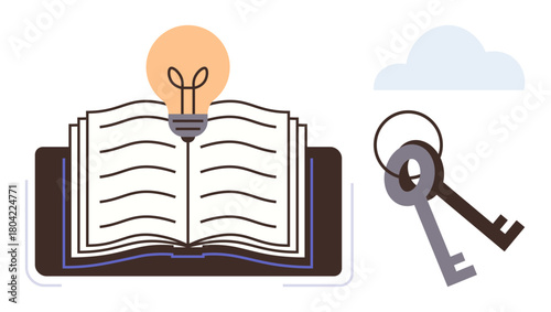 Open book with light bulb above conveying innovation and learning, paired with keys symbolizing access and solutions beside a cloud. Ideal for education, inspiration, creativity, problem-solving