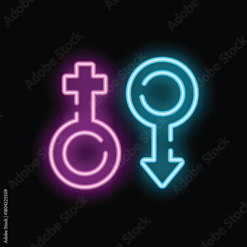 Male and female gender symbols glowing with pink and blue neon light on black background