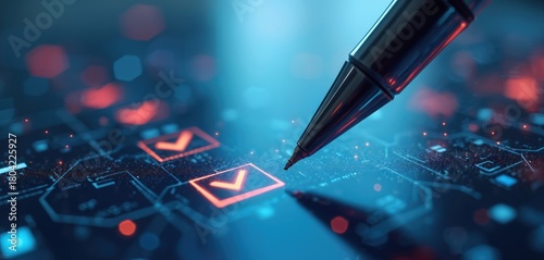 Digital pen checks glowing boxes on futuristic circuit board. Abstract tech task list with red and blue lights. Success, data, and planning concept. © Pete