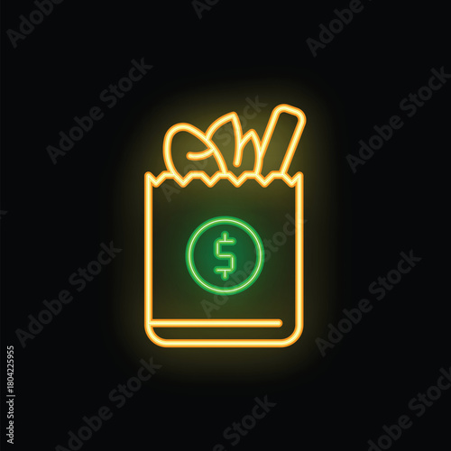Neon sign of a brown paper bag full of groceries with a green dollar sign, representing the concept of expensive food