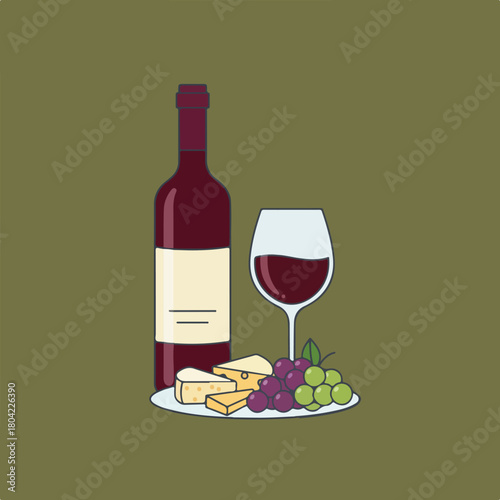 A minimalistic illustration depicts a bottle of red wine, a wine glass filled with wine, and a plate of cheese and grapes, set against a plain background.