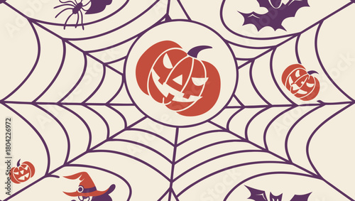 Halloween themed background with pumpkins, spider web, bats, and witch hat