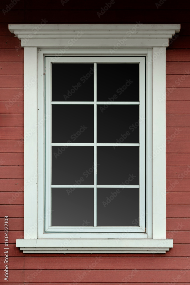 Fototapeta premium Classic white framed window on red horizontal wooden plank wall texture background for architectural design.