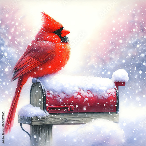 The red cardinal sits on a mailbox covered with snow. The bright bird creates a contrast with the winter landscape.