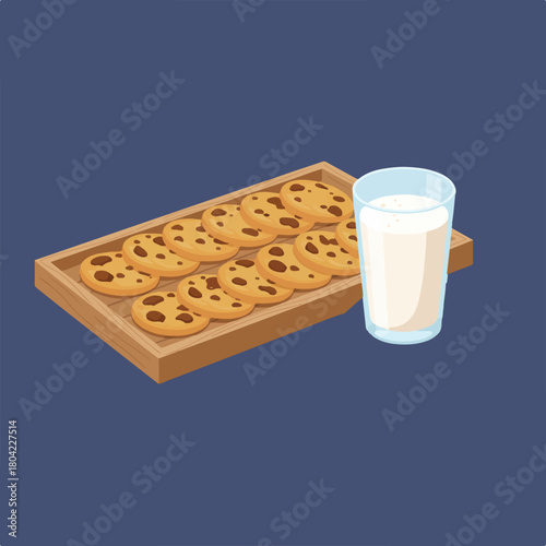 A delicious cartoon illustration of chocolate chip cookies on a wooden tray with a glass of milk on a blue background.