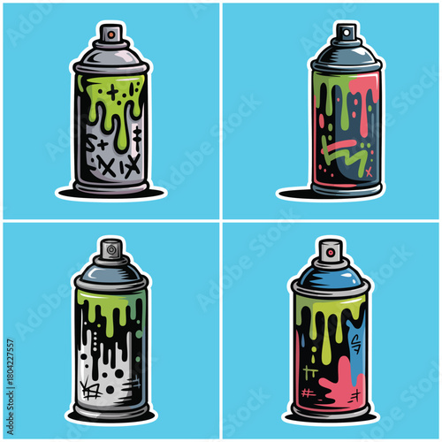 Spray paint cans with colorful dripping paint with transparent background Street Art culture