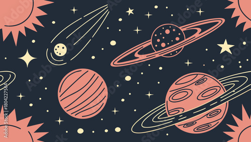 Seamless pattern of planets, comets, and stars in a retro space theme