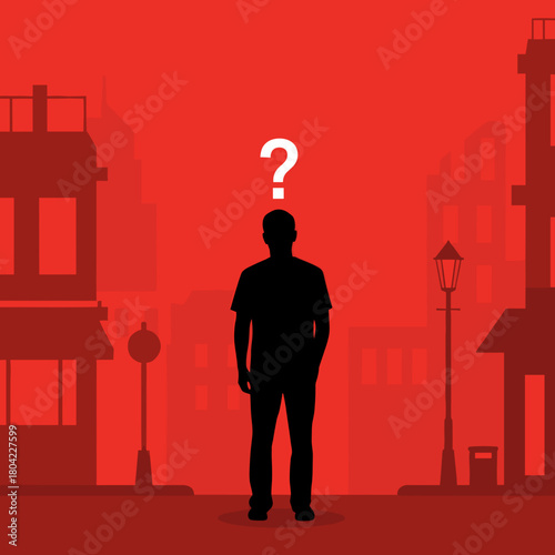 Silhouette of lost man with question mark in red city background, crisis concept