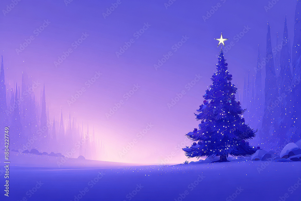 Fototapeta premium Glowing christmas tree in a foggy winter forest with a star on top purple and blue xmas winter night background digital illustration