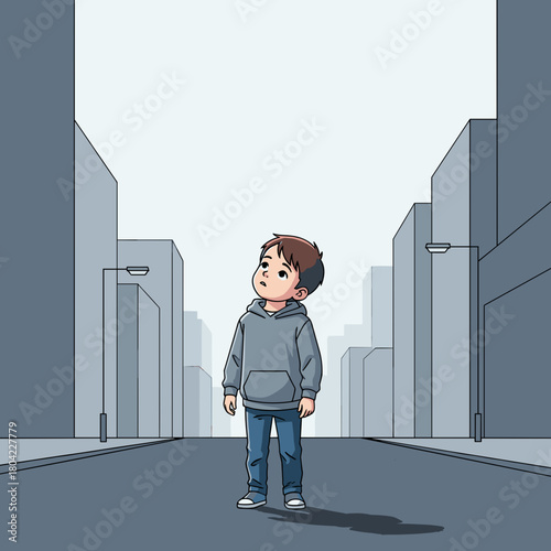 Lost boy standing alone in empty city street with copy space