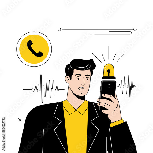 Man making emergency call on smartphone with alert icon and copy space