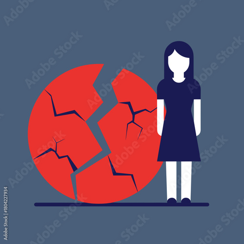 Woman standing beside cracked red globe symbol on dark background with copy space
