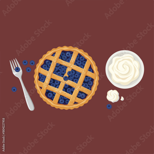 Top-down vector drawing shows a blueberry pie, whipped cream, a fork, and scattered blueberries arranged on a brown background.