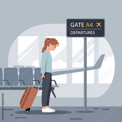 Sad girl with suitcase standing at airport departure gate with copy space