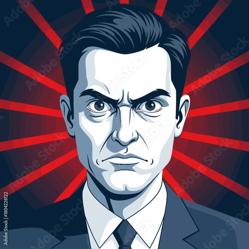 Intense man with serious expression in suit and red alert rays background