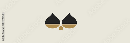 Abstract owl face design with black teardrop shapes and gold accents on a light beige background art