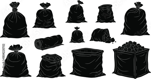 Bag silhouettes, sack icons, tied bags, open sacks, black vector, packaging design, storage clipart, agriculture art, logistic illustration, container shapes