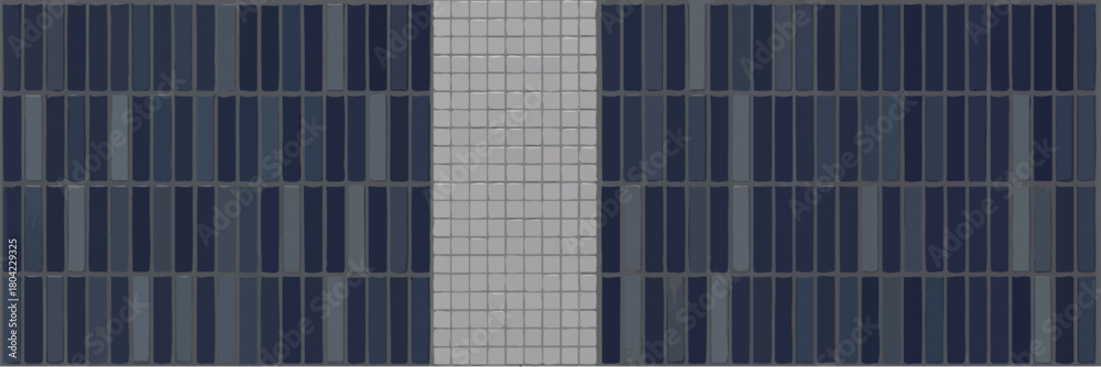 Fototapeta premium Aerial view of building facade with blue rectangular tiles and white square tile center column