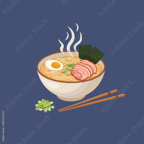 A bowl of ramen with noodles, egg, pork, nori, and chopped scallions on a blue background, accompanied by a pair of chopsticks and extra scallions.