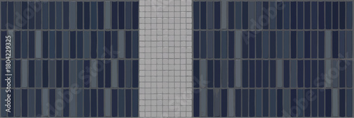 Aerial view of building facade with blue rectangular tiles and white square tile center column