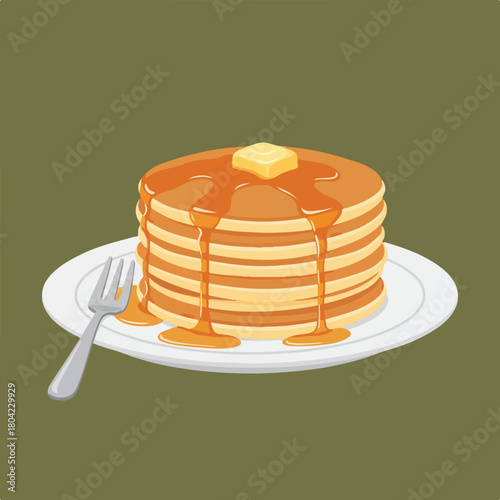 A stack of pancakes with butter and syrup is on a plate next to a fork against a plain, dark olive background.