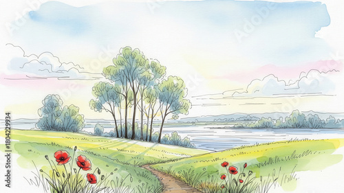 Wallpaper Mural Watercolor Landscape with Trees, Path, and Poppies Torontodigital.ca