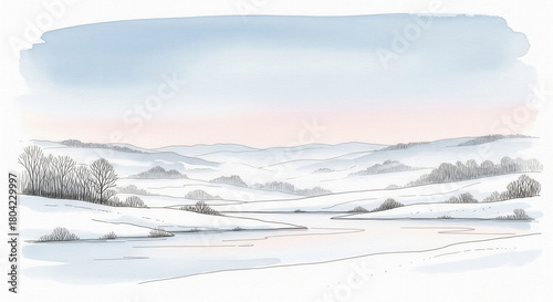 Wallpaper Mural Watercolor Illustration of Snowy Landscape with Trees and Water Torontodigital.ca